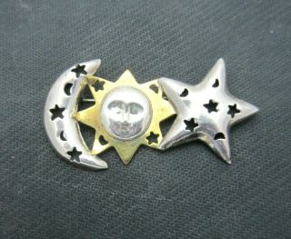 Vtg.  Laton Mexico Sterling Silver & Brass Sun / Moon / Star Pin Brooch.  14,  Gram