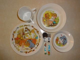 Vintage Walt Disney Productions Winnie The Pooh Kid Plate Bowl Cup Set 6 Plastic