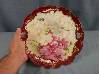 Bavarian China Germany Hand Painted Plate Pink & White Flowers Burgundy Rim