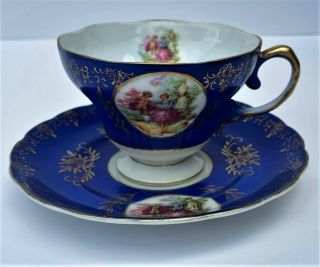 Vintage Royal Sealy Japan Tea Cup & Saucer - Courting Couple/royal Blue/gold