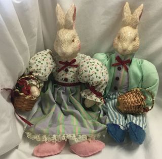Vtg Pair Easter Rabbit Bunny Doll Ceramic Head Paws Pink Fancy Dress Cloth Body