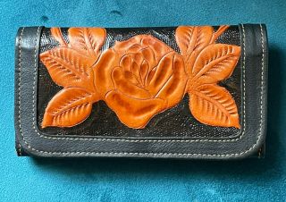 American West Hand Tooled Vintage Leather Wallet Clutch Roses