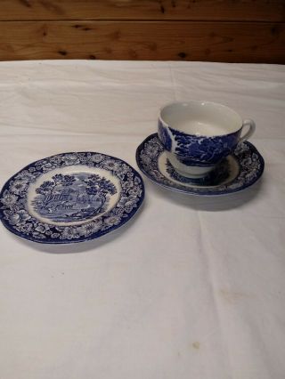 3 Vtg Liberty Blue Staffordshire England Blue Willow Tea Cup /saucer/bread Plate