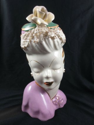 Vintage Glamour Girl Ceramic Lady Head Vase Gold Purple With Flower