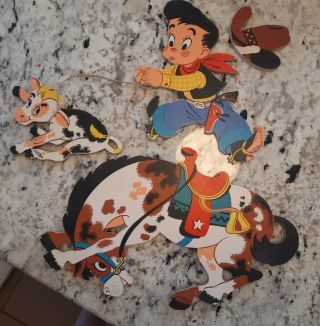 Vintage Dolly Toy Co Cowboy,  Bronco And Cow Wall Hanging Set