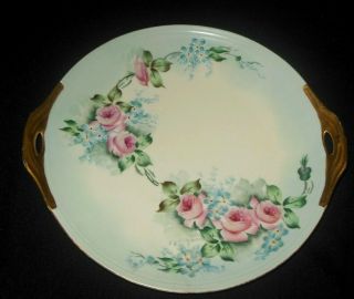 J&c Bavaria Hand Painted Cake Plate Pink Roses Blue Forget Me Knot Flowers 1898