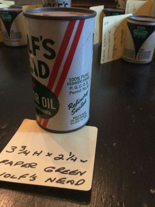 Wolfs Head Oil Can Bank Vintage.  Mini.  Wolf’s White Green And Red Paper 2