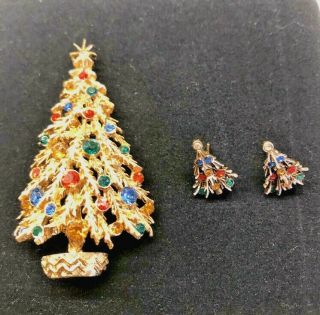 Vintage Colorful Rhinestone Signed Art Christmas Tree Brooch Pin,  Earrings