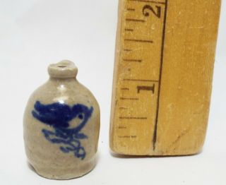 Old Vintage Small 1 1/4 " Miniature Stoneware Crock Jug Cobalt Blue Bird