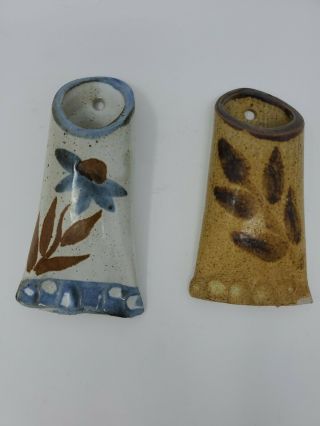 Set Of 2 Handmade Pottery Wall Hanging Vase To Hold Flowers Wooden Matches.