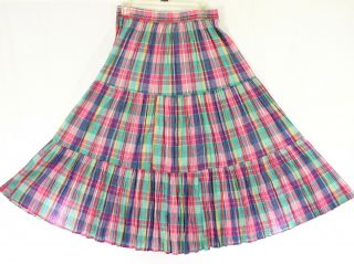 Vtg 80s 90s Madras Pastel Plaid Tiered Full Circle Skirt Boho Hippie Prairie