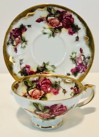 Vintage Royal Sealy China Japan Roses Golden Trim Tea Cup Saucer
