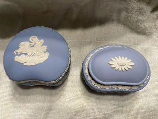 Wedgwood Blue Jasperware Kidney Shaped And Oval Trinket Boxes - Set Of 2