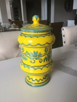 Vintage Italian Pottery Signed And Numbered 7.  5” Pottery Jar W/lid Yellow & Blue