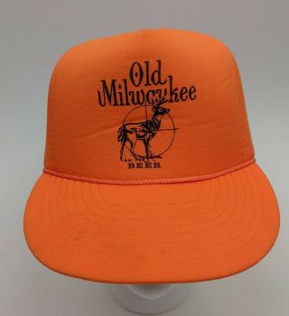 Vintage Old Milwaukee Beer Snapback Hat Cap Blaze Orange Deer Hunting Insulated