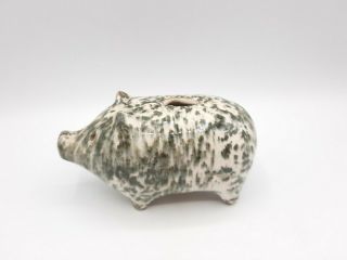 Vintage Stoneware Pottery Piggy Bank Green Sponge Ware Coin Bank