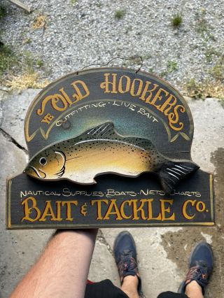 Vintage Fishing Wood Sign Old Hookers Bait & Tackle