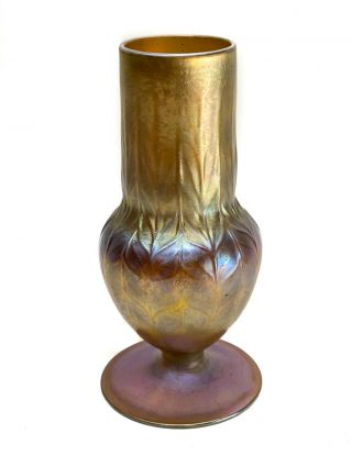 Lct Tiffany Favrile Gold Iridescent Feathered Glass Vase,  Circa 1880.  Signed