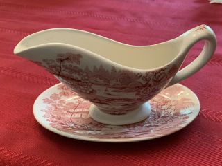 Royal Staffordshire Clarice Cliff Red Pink Tonquin - Gravy Boat With Liner