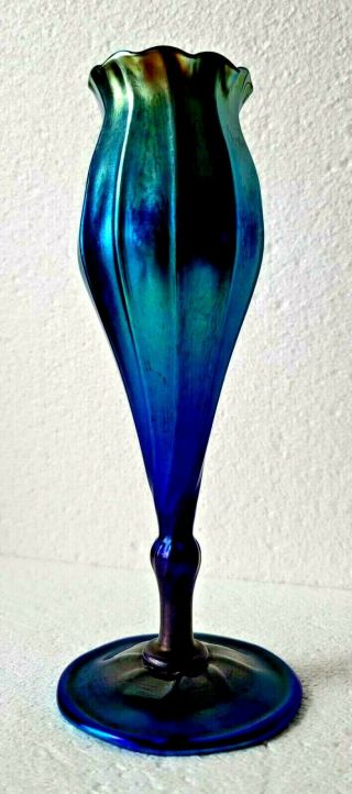Antique Tiffany Studios Lct Favrile Blue Ribbed Glass Flower Form Vase