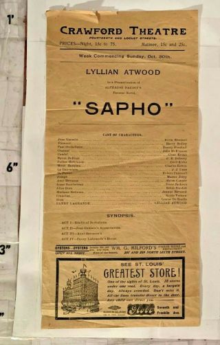 1900 Crawford Theatre Broadside St Louis Mo Lyllian Atwood Sapho Alphause Daudit