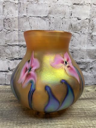 Charles Lotton 2005 Art Glass Vase Orange Pink Flowers 8”