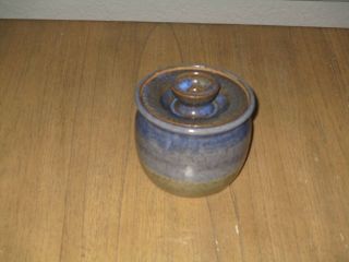 Signed Meyer Handcrafted Pottery Stoneware Blue/gray Crock W/lid Euc