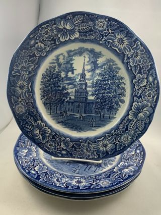 Liberty Blue Historic Colonial Scenes Independence Hall 4 Dinner Plates England