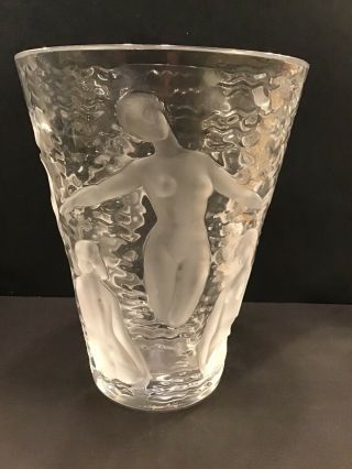 Art Deco Lalique France Ondines Crystal Frosted Vase Bathing Nudes 9” Tall Muses