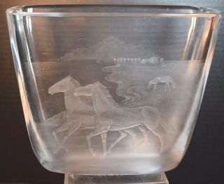 Vintage Orrefors Sven Palmqvist Crystal Vase With Etched Horses