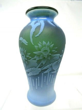 Fenton Murphy,  Bomkamp Vase Sand Carved Cameo,  Green Water Lilly Pond 10 "