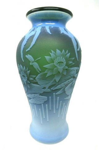 Fenton Murphy,  Bomkamp Vase Sand Carved Cameo,  Green Water Lilly Pond 10 