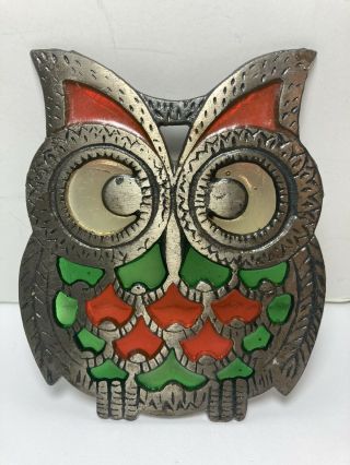 Vintage Stained Glass Cast Iron Owl Trivet 5.  5”