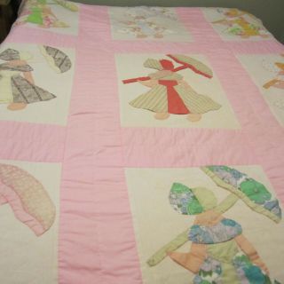Vintage Sunbonnet Sue Parasol Quilt 65 " X 83 " Feedsack Fabric? Hand Quilted