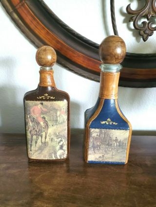 2 Vintage Empty Leather Wrapped Bottle / Decanter With Hunting Scenes
