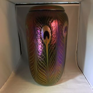 Charles Lotton Signed Iridescent Peacock Vase 1997.  14” High Gorgeous