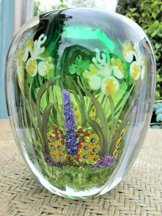 Chris Heilman Large Iris Garden Paperweight Vase,  Signed Art Glass