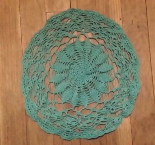 Vintage Hand Crochet Turquoise Round Doilie