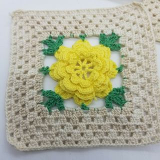 Vintage 16 Crochet 4 Inch Granny Squares Yellow Roses Repurpose Doll Quilt Or ??