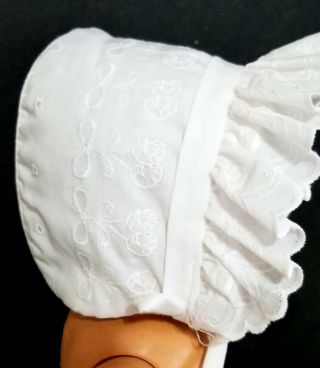 Vintage White Cotton Embroidered Baby Bonnet With Self Tie Fits 16 " Baby Dolls
