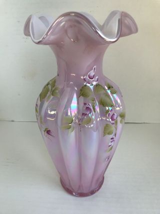 Fenton Glass Vase Pink Iridescent Ruffled Rim 11” Signed Hand Painted Flowers