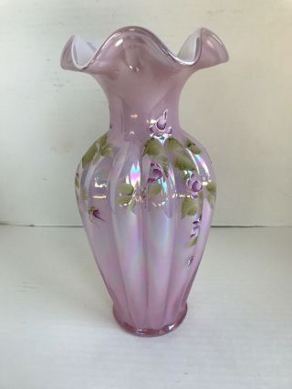 Fenton Glass vase pink iridescent Ruffled rim 11” Signed Hand Painted Flowers 2