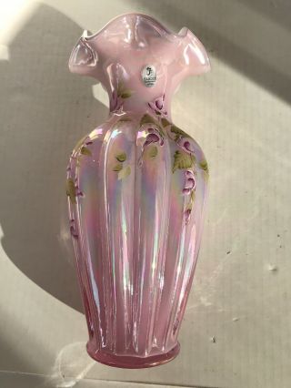 Fenton Glass vase pink iridescent Ruffled rim 11” Signed Hand Painted Flowers 3
