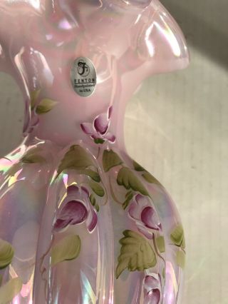 Fenton Glass vase pink iridescent Ruffled rim 11” Signed Hand Painted Flowers 5
