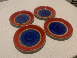 Set Of 4 Royal Norfolk Mambo Blue Red Green Blue Stoneware Dinner Plates