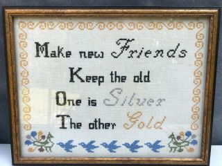 Vintage Framed Cross Stitch Sampler " Make Friends.  Silver Gold " On Linen