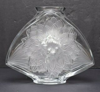 Huge Lalique France Dahlia Flower Frosted Glass Vase 10 " Tall Signed (chip)