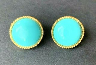 Vintage Signed Crown Trifari Blue Turquoise Glass Clip On Earrings Gold Estate