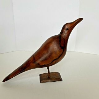 Hand Carved Solid Wood Bird Art Sculpture Statue Figurine On Stand 11 " Vintage