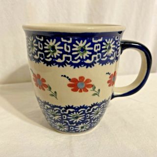 Hand Painted Boleslawiec Pottery Coffee Cup Mug Flowers Design Made In Poland